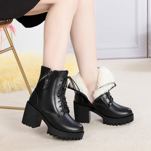 2019 new winter boots For Women genuine leather high heel warm wool boots wedding